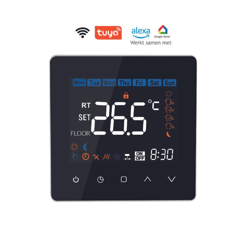 Elektrische vloerverwarming thermostaat Helios 630 wifi Tuya met kleuren LCD front