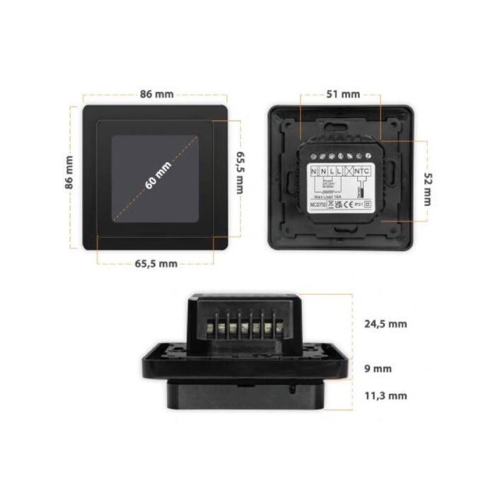 Afmetingen Helios-660 wifi thermostaat voor elektrische vloerverwarming