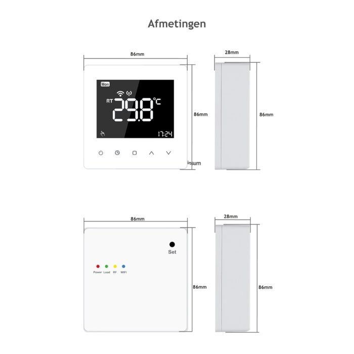 Afmetingen draadloze thermostaat EastComfort-484-494 met interface.