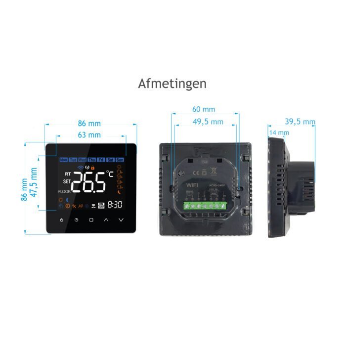 Afmetingen Helios-630 wifi thermostaat