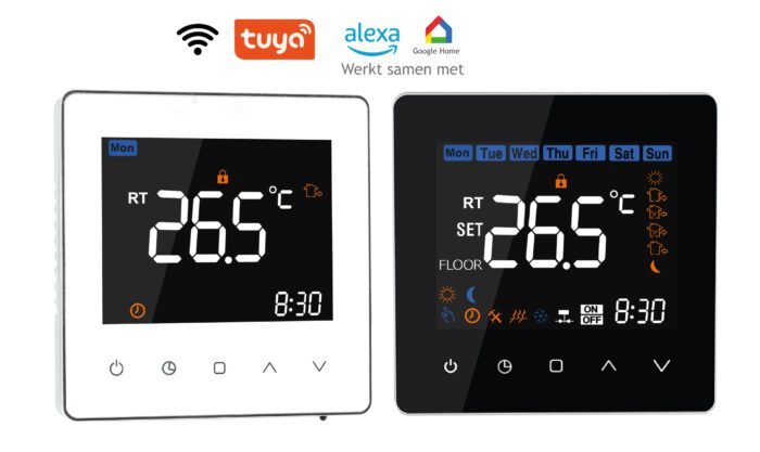 Wifi thermostaat Helios 630-640 voor elektrische vloerverwarming wit en zwart en Alexa en Google-Home